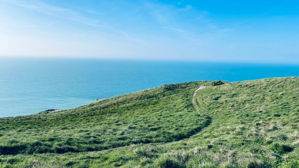 Breathtaking view of the Étretat cliffs with lush green grass and a serene ocean backdrop in Normandie, France.