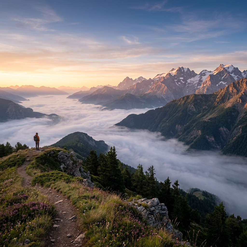 Mountain hiker overlooking foggy valley Hiker standing on a mountain trail overlooking a foggy valley with snow-capped peaks
